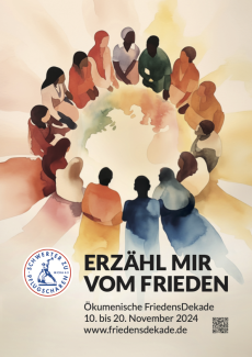 Titelbild der FriedensDekande 2024: Menschen unterschiedlicher Nationen stehen in einem Kreis